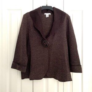 Susan Bristol Wool Cardigan Sweater Brown Size XL Herringbone Shawl Collar NWOT